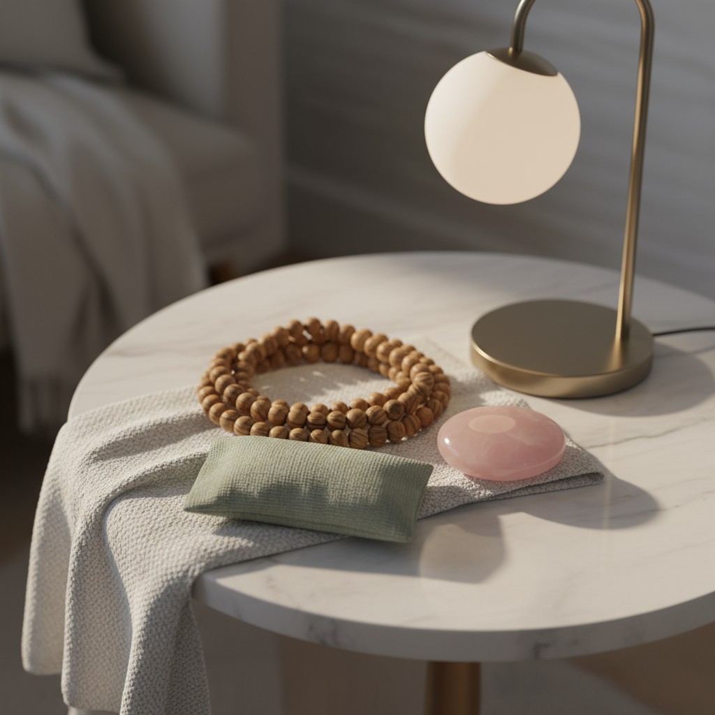 Image description - A close-up of a white marble table, featuring a selection of decorative items in the bottom right fore...