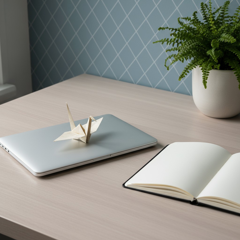 Um escritório com uma mesa de madeira, uma tábua de computador e um orizura, além de um jornal e um potes/planta metodicam...